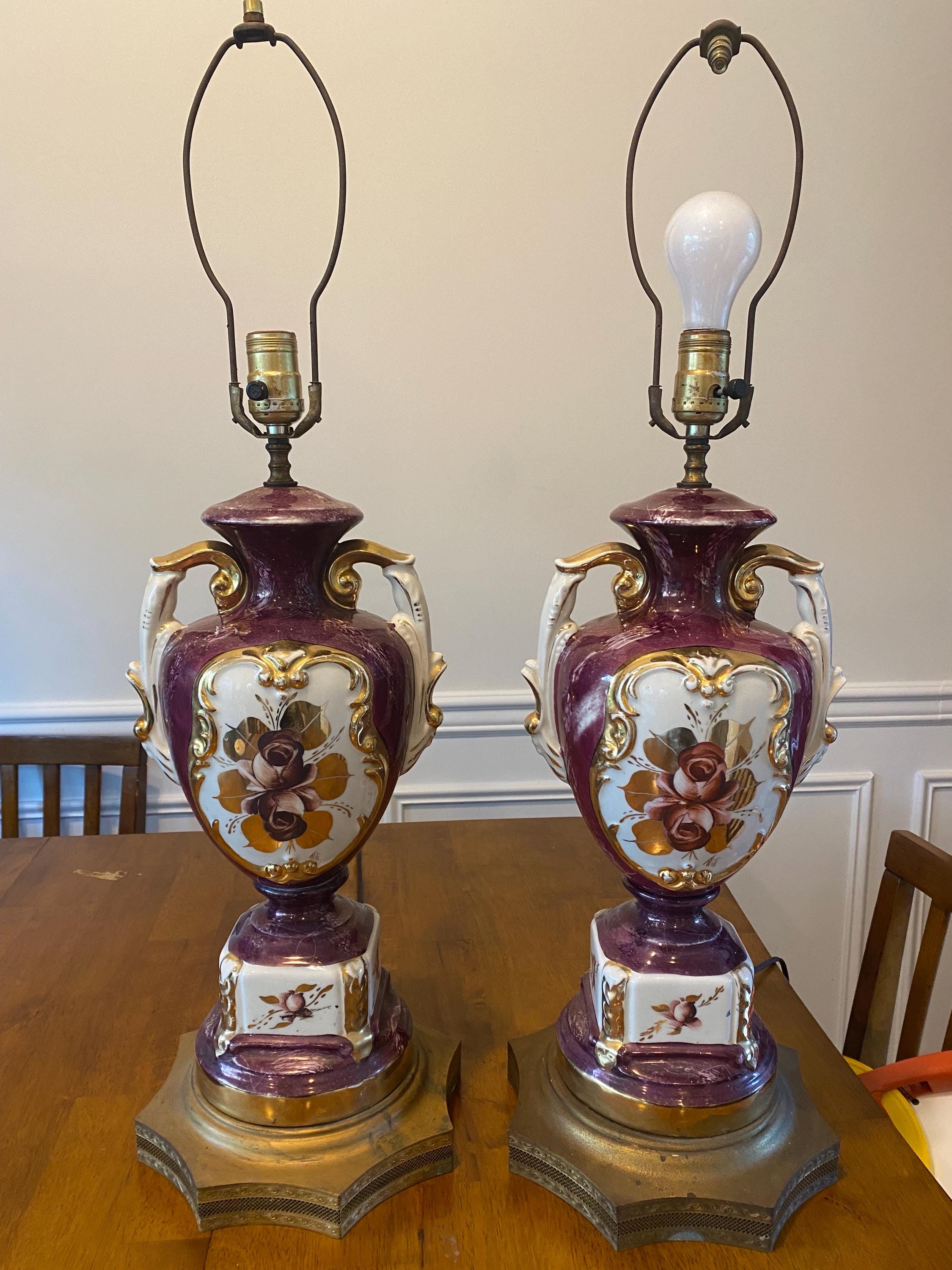 Vintage 1930s Burgundy & Gold Urn Table Lamps Pair Art Deco