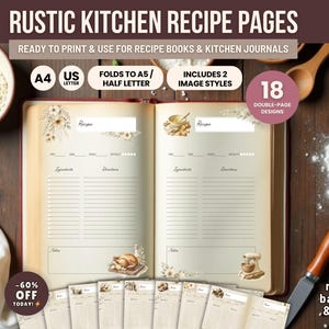 Puede incluir: Libro de recetas abierto con elementos de diseño de cocina rústica. Las páginas están listas para imprimir y usar para libros de recetas y diarios de cocina. Incluye 18 diseños de doble página y un bono gratis.