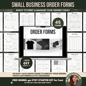 Puede incluir: Una presentación de producto digital con una pantalla de portátil que muestra "SMALL BUSINESS ORDER FORMS". La imagen incluye varias plantillas de formularios de pedido imprimibles, un banner "-60% OFF TODAY!" y el texto "45 PAGES".