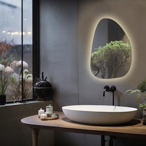 Irregular Wall Mirror for Living Room, Bathroom, Entryway, Farmhouse & Bedroom Decor, LED Light Aesthetic Mirror, Asymmetrical Modern Design
