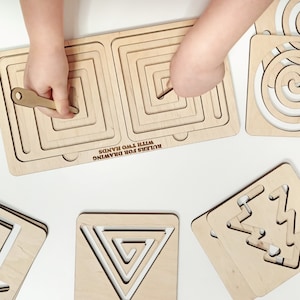 Rulers for drawing with two hands, Wooden Montessori educational kids developing rulers, Montessori stencils set