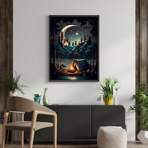 Wild night camping outdoor adventure art print, Camping fire painting, Forrest poster, Mountain, Cabin Decor, Traveller