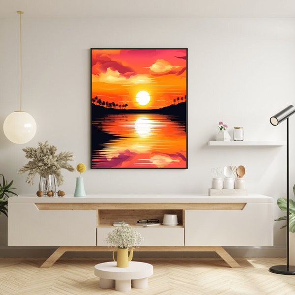 Orange sunset painting, Sun reflection on water, Colourful sunset wall art , Tropical beach sunset, Serene sun setting, Sunset poster