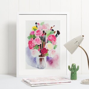 Pinceles de maquillaje de ramo de flores para regalo de San Valentín, Póster de rosas rosadas, Arte de tocador, Póster de pared de dormitorio de mujer, Regalo único