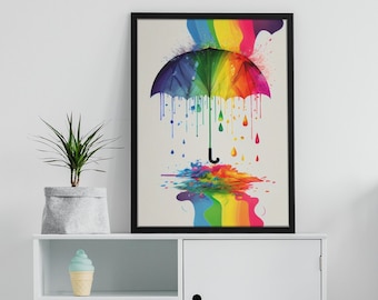 Colourful umbrella rainy day, Multicoloured artwork poster, Modern umbrella print, Rainy season mural, Umbrella illustration, Home deco