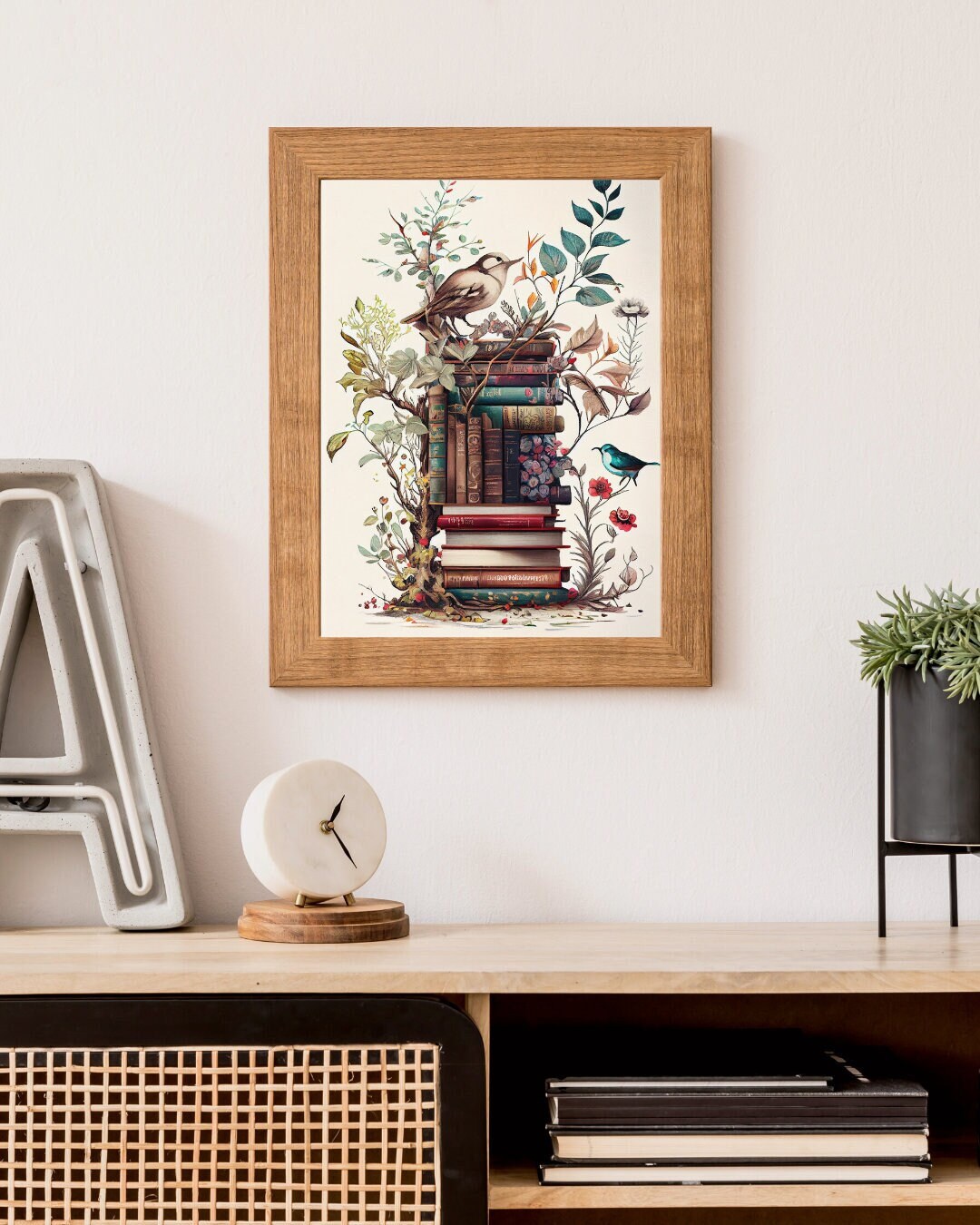 Books Bookshelf Floral Poster Wall Hanging, Literary Print, Book Lovers ...