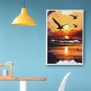 Uccelli al tramonto sulla spiaggia che volano arte da parete, Oceano al tramonto, sole estivo, arte moderna sulla spiaggia, carta da parati tropicale, stampa dell'alba sulla spiaggia, amante del tramonto