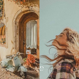 May include: A split image featuring a vintage-style scene. On the left, a light blue scooter sits outside a building with a wooden door and orange flowers. On the right, a person with flowing hair against a blue background.