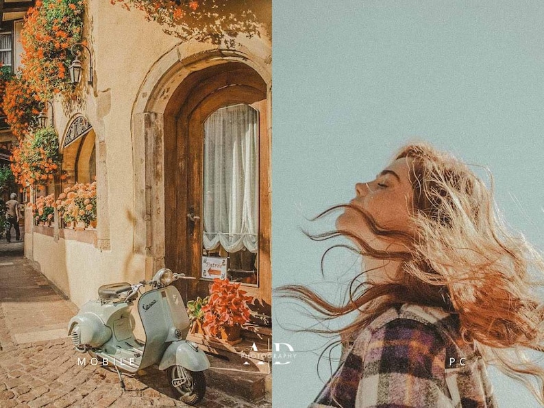 May include: A split image featuring a vintage-style scene. On the left, a light blue scooter sits outside a building with a wooden door and orange flowers. On the right, a person with flowing hair against a blue background.