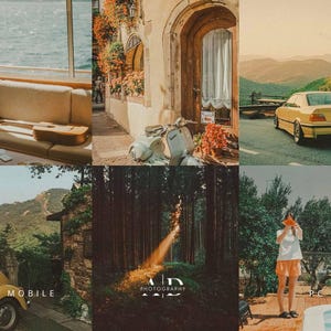 May include: A collage of scenic images. Top left: a living room with a view of the ocean. Top center: a European street scene with a scooter. Top right: a yellow car on a mountain road. Bottom left: a yellow car. Bottom center: a forest scene. Bottom right: a person holding a watermelon.