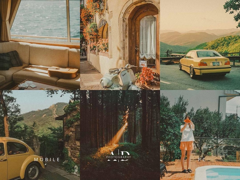 May include: A collage of scenic images. Top left: a living room with a view of the ocean. Top center: a European street scene with a scooter. Top right: a yellow car on a mountain road. Bottom left: a yellow car. Bottom center: a forest scene. Bottom right: a person holding a watermelon.