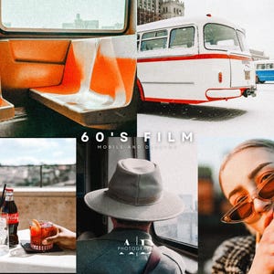 May include: A collage of images with a retro 60's film aesthetic. The images include a vintage bus, a person wearing sunglasses, a person wearing a hat, and a table with drinks. The text "60's FILM" is displayed in the center of the collage.