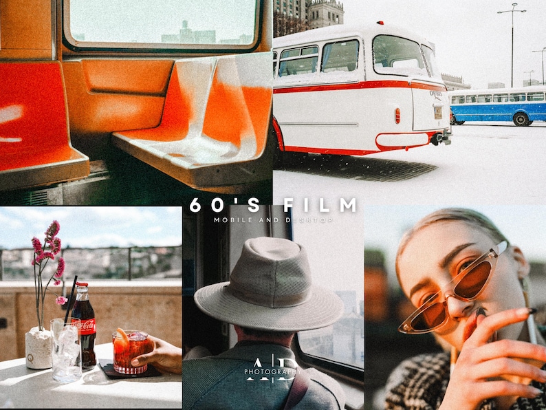 May include: A collage of images with a retro 60's film aesthetic. The images include a vintage bus, a person wearing sunglasses, a person wearing a hat, and a table with drinks. The text "60's FILM" is displayed in the center of the collage.