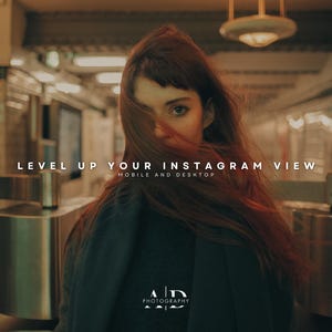May include: A woman with long red hair is standing in a subway station. She is wearing a dark jacket and her hair is covering her face. The text "LEVEL UP YOUR INSTAGRAM VIEW MOBILE AND DESKTOP" is displayed in white letters on a black background. The text "AD PHOTOGRAPHY" is displayed in white letters on a black background.