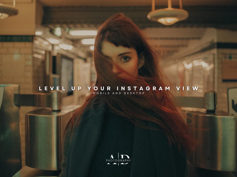 May include: A woman with long red hair is standing in a subway station. She is wearing a dark jacket and her hair is covering her face. The text "LEVEL UP YOUR INSTAGRAM VIEW MOBILE AND DESKTOP" is displayed in white letters on a black background. The text "AD PHOTOGRAPHY" is displayed in white letters on a black background.