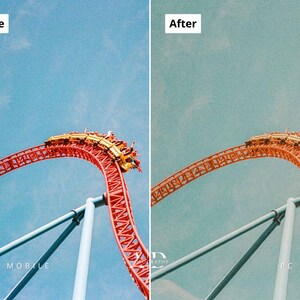 May include: A roller coaster with a red track and yellow cars ascends a steep incline against a blue sky. The image is split, with "Before" and "After" text at the top, and "MOBILE" and "PC" at the bottom.