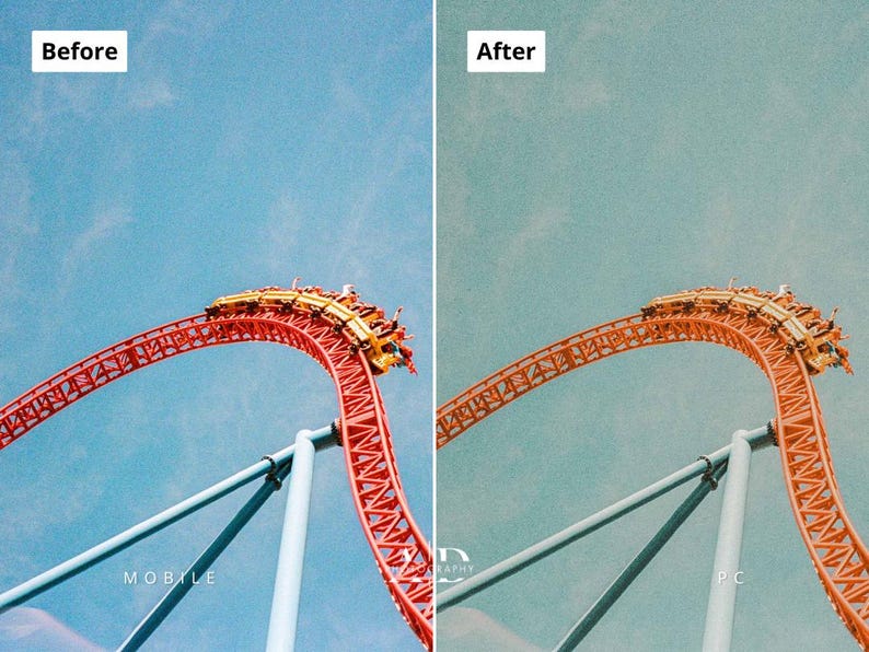 May include: A roller coaster with a red track and yellow cars ascends a steep incline against a blue sky. The image is split, with "Before" and "After" text at the top, and "MOBILE" and "PC" at the bottom.