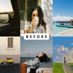 May include: A collage of six images with a travel theme. The images include a car's side mirror, a person drinking from a cup, a boat on the water, a yellow scooter, a person looking up at the sky, and a person standing on a path. The word "BEFORE" is in the center.