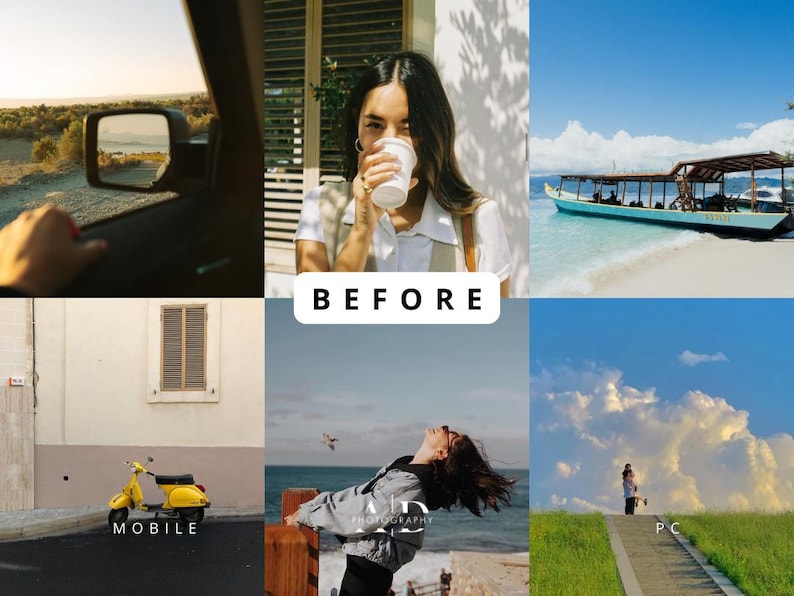 May include: A collage of six images with a travel theme. The images include a car's side mirror, a person drinking from a cup, a boat on the water, a yellow scooter, a person looking up at the sky, and a person standing on a path. The word "BEFORE" is in the center.