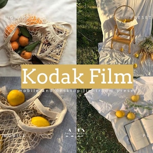 May include: A collage featuring oranges and lemons in string bags, a small wooden stool with a basket, and an open book. The text "Kodak Film" is displayed prominently, with additional text indicating "mobile and desktop lightroom preset".