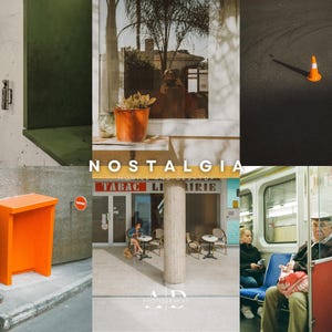 May include: A collage of images with a nostalgic theme. The images include a person standing in front of a green wall, a window with a view of trees, a traffic cone on a street, a cafe with a sign that says "Tabac Librairie", and a subway car with a passenger.