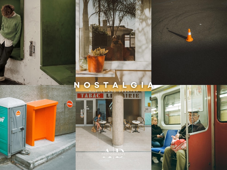 May include: A collage of images with a nostalgic theme. The images include a person standing in front of a green wall, a window with a view of trees, a traffic cone on a street, a cafe with a sign that says "Tabac Librairie", and a subway car with a passenger.