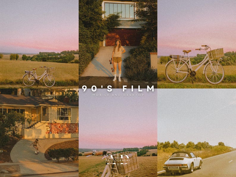 May include: A collage of images with a 90's film aesthetic. The images include a person riding a skateboard, a bicycle, a car, and a house. The text "90's FILM" is displayed in the center of the collage.