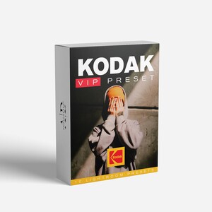 May include: A product box with the text "KODAK VIP PRESET" in white and red. The box features an image of a person wearing a hoodie and a cap, covering their face. The Kodak logo is visible. The bottom of the box reads "10 LIGHTROOM PRESETS".