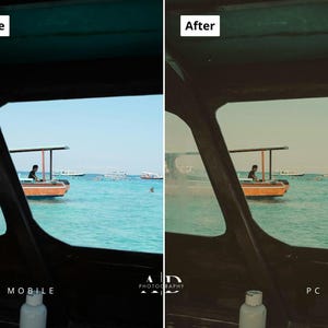 May include: A split-screen image showing a boat on turquoise water under a clear sky. The left side, labeled "Before," shows a brighter scene. The right side, labeled "After," has a warmer, more muted tone. The boat has a canopy and a person is visible.
