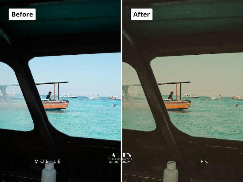 May include: A split-screen image showing a boat on turquoise water under a clear sky. The left side, labeled "Before," shows a brighter scene. The right side, labeled "After," has a warmer, more muted tone. The boat has a canopy and a person is visible.
