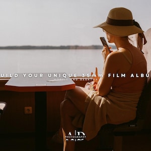 May include: A woman wearing a straw hat sits on a train, looking out the window. She is holding a phone in her hand. The text "BUILD YOUR UNIQUE 35mm FILM ALBUM" is visible on the window.