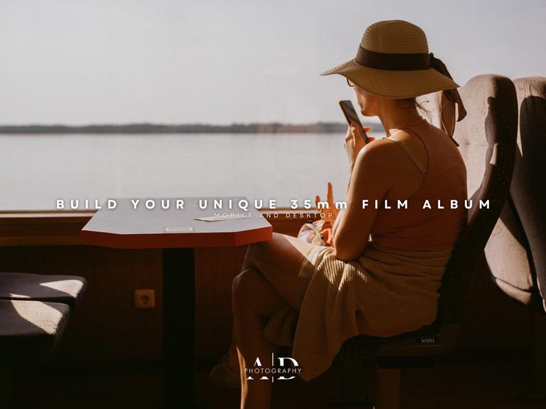 May include: A woman wearing a straw hat sits on a train, looking out the window. She is holding a phone in her hand. The text "BUILD YOUR UNIQUE 35mm FILM ALBUM" is visible on the window.