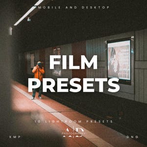 May include: A person in an orange jacket stands on a subway platform, holding a camera. The text "FILM PRESETS" is displayed in large white letters on a dark background. The text "10 LIGHTROOM PRESETS" is displayed below the main text. The text "AD PHOTOGRAPHY" is displayed below the presets text. The text "XMP" is displayed in the bottom left corner and "DNG" is displayed in the bottom right corner.