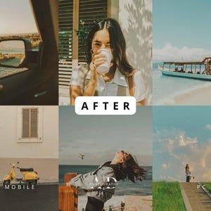 May include: A collage of six images with a vintage aesthetic. The images include a car's side mirror, a person drinking from a cup, a boat on a beach, a yellow scooter, a person leaning on a wooden fence, and a person walking on a path. The word "AFTER" is in a white box.
