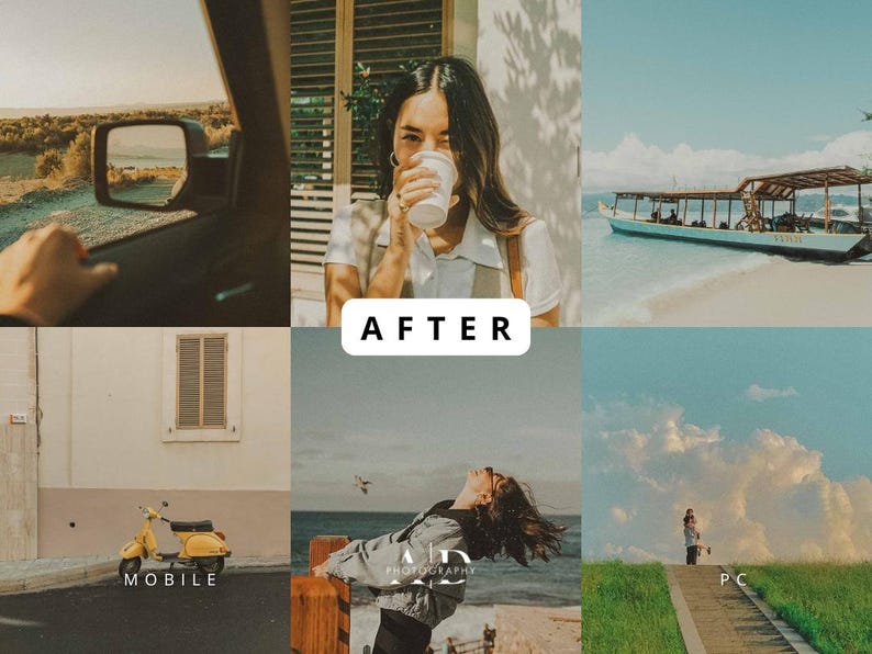 May include: A collage of six images with a vintage aesthetic. The images include a car's side mirror, a person drinking from a cup, a boat on a beach, a yellow scooter, a person leaning on a wooden fence, and a person walking on a path. The word "AFTER" is in a white box.