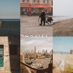 May include: A collage of six images showcasing different scenes. The top left image shows a white structure on a sandy beach. The top right image shows a person riding a bicycle on a cobblestone street. The bottom left image shows a green door with a number 18 on it. The bottom right image shows a windmill in a field of tall grass. The middle image shows a cityscape with tall buildings. The middle image also includes the text "MOVIES MOBILE AND DIGITAL".