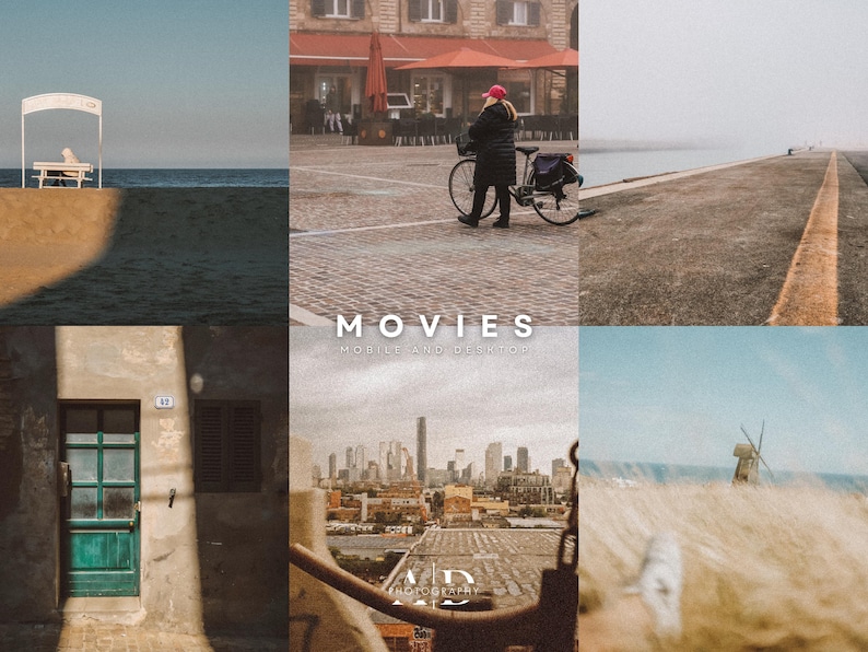 May include: A collage of six images showcasing different scenes. The top left image shows a white structure on a sandy beach. The top right image shows a person riding a bicycle on a cobblestone street. The bottom left image shows a green door with a number 18 on it. The bottom right image shows a windmill in a field of tall grass. The middle image shows a cityscape with tall buildings. The middle image also includes the text "MOVIES MOBILE AND DIGITAL".