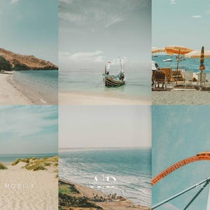 May include: A collage of six images featuring coastal scenes. One shows a beach with a mountain, another a boat in the sea, and a third a beach with umbrellas. The bottom row includes a beach with dunes, a coastal view, and a roller coaster.