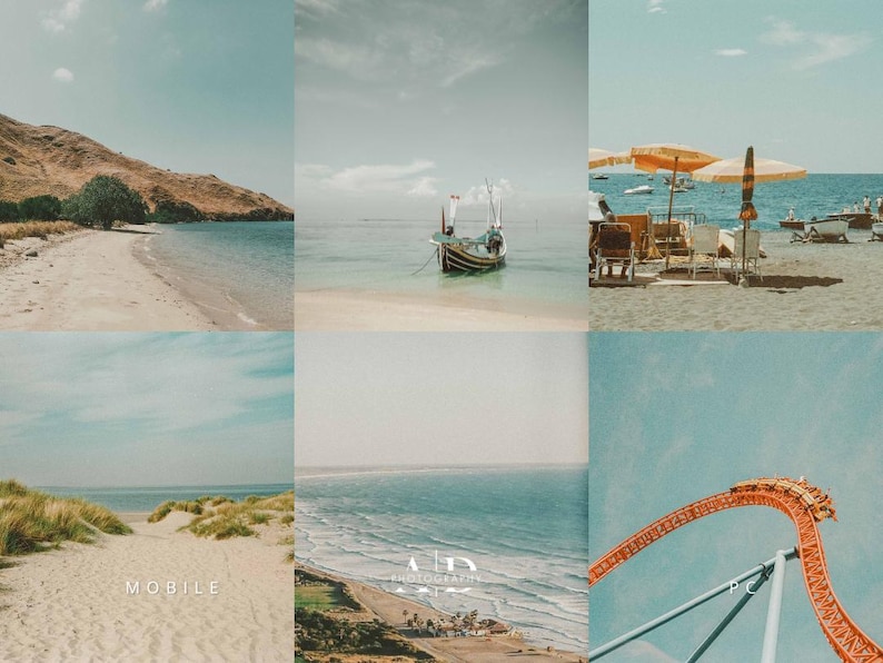 May include: A collage of six images featuring coastal scenes. One shows a beach with a mountain, another a boat in the sea, and a third a beach with umbrellas. The bottom row includes a beach with dunes, a coastal view, and a roller coaster.