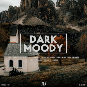 Op de afbeelding: Een digitale productlijst voor Lightroom-presets, met een donkere en sfeervolle afbeelding van een kleine kerk in een berglandschap. De tekst "DARK MOODY" wordt weergegeven in grote witte letters tegen een donkere achtergrond. De tekst "PROFESSIONAL AND HIGH QUALITY FOR PHOTOGRAPHERS AND ENTHUSIASTS" wordt weergegeven in kleinere witte letters onder de titel. De tekst "PREMIUM LIGHTROOM PRESETS" wordt weergegeven in kleinere witte letters onder de vorige tekst. De tekst "MOBILE + PC" wordt weergegeven in kleinere witte letters in de linkerbenedenhoek. De tekst "DNG+XMP" wordt weergegeven in kleinere witte letters in de rechterbenedenhoek. De tekst "AD" wordt weergegeven in witte letters in het midden onderaan.