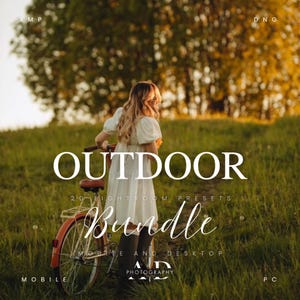 May include: A woman in a white dress walks with a vintage bicycle on a grassy path. The text "OUTDOOR 20 LIGHTROOM PRESETS Bundle MOBILE AND DESKTOP" is displayed on the image.