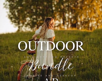 May include: A woman in a white dress walks with a vintage bicycle on a grassy path. The text "OUTDOOR 20 LIGHTROOM PRESETS Bundle MOBILE AND DESKTOP" is displayed on the image.