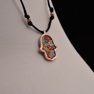 Micro Mosaic Silver Rose Plated Hamsa Hand Necklace, Straing model