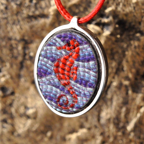 Micro mosaic Seahorse Small Silver necklace, Handmade gift Byzantine mosaic pendant,