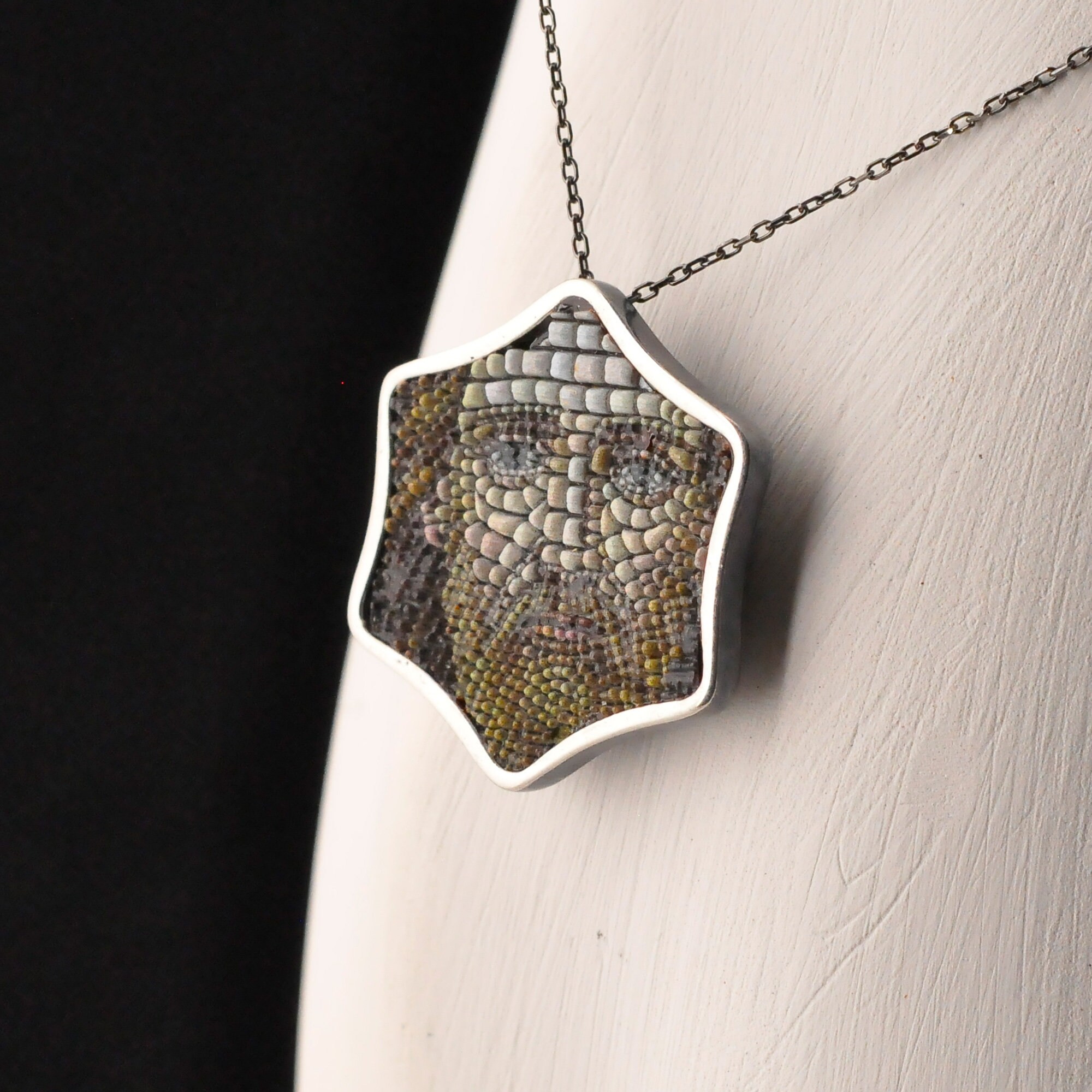 Hexagon Jesus Mosaic Pendant - Sterling Silver Christian Necklace - Byzantine Mosaic Art Jewelry