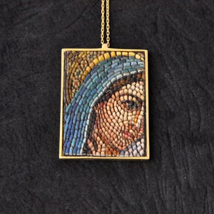 Virgin Mary Chain Necklace, Micro Mosaic Silver Necklace. Gift for him