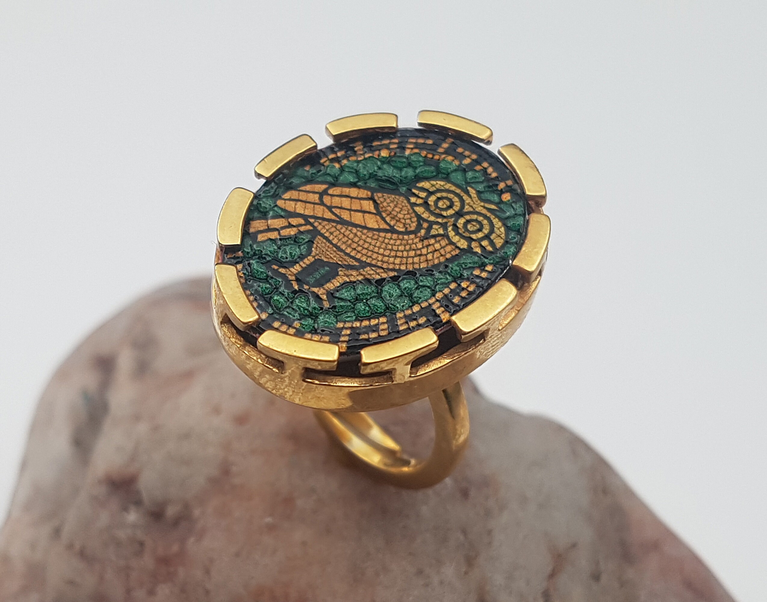 Silver Gold Plated Owl Ring. Mosaic Handmade Sterling Silver Owl Ring