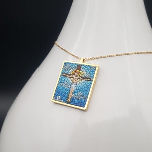 jesus crucified Silver Necklace. 925 sterling silver, Gold Plated or rose gold plated christian mosaic pendant