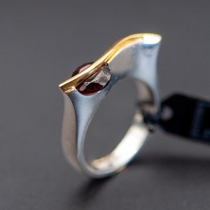 Nano Garnet Ring, January birthstone Handmade Minimalist ring. It is a dark brown and red stone in the light. 925 Sterling Silver Ring