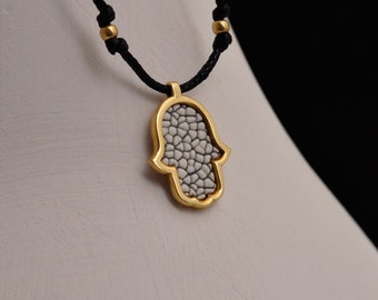 Micro Mosaic Silver Gold Plated Hamsa Hand Necklace, Straing model